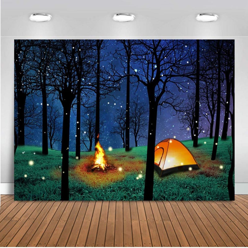 CHAIYA Enchanted Forest Camping Backdrop - Forest Night Scene Photography Background for Theme Party Photo Booth Banner Decoration 7x5ft - Image 1